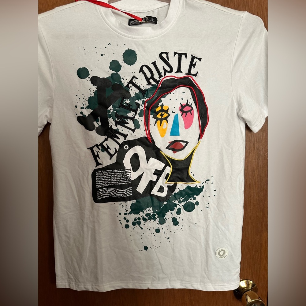 NWT Offbeat‎ Short Sleeve Graphic T Shirt White Embroidered Mens Sz S Small